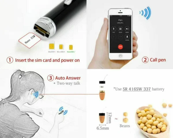 4 GSM ID Pen Induction Receiver Transmitter + Invisible Wireless In-ear Spy Earpiece Set