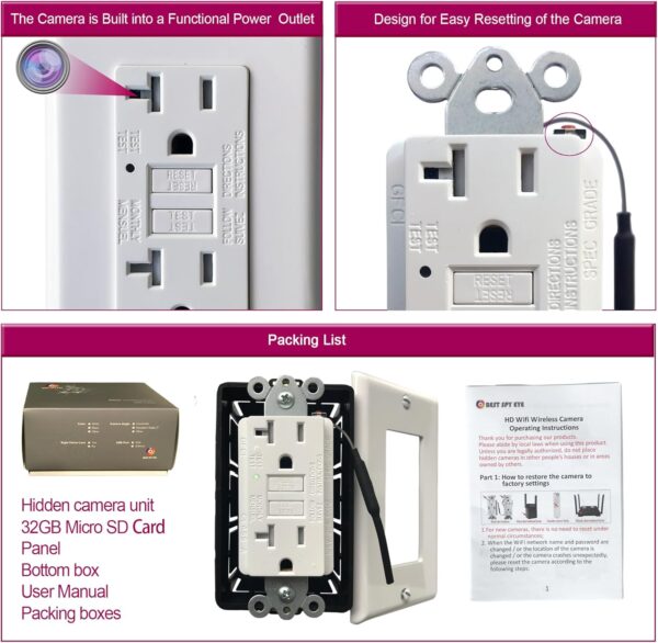 5 1080P HD WiFi IP Spy Security Camera Hidden in Wall AC GFCI Outlet -Support APP Remote Viewing