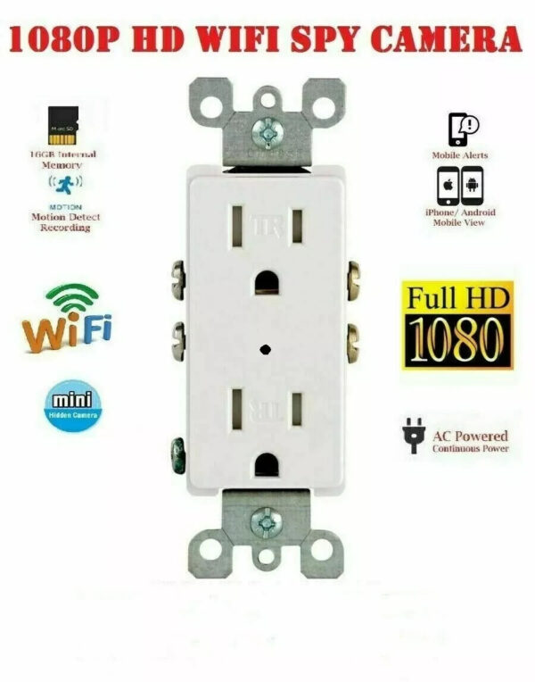 1080P HD WIFI IP Hidden Pinhole Spy Camera AC Wall Outlet Video Recorder Motion Activation