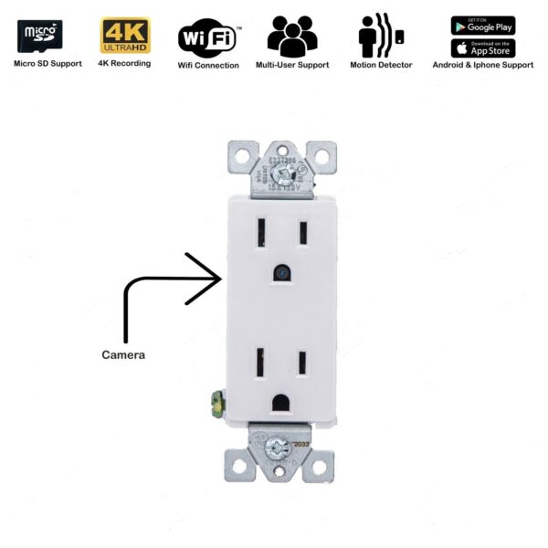 a 4K HD WiFi IP Hidden Wall AC Outlet Security Spy Camera Micro Audio/Video Recorder --Support APP Real-time Remote Viewing