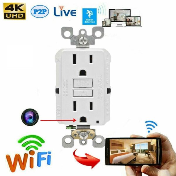 1080P HD Wireless IP Hidden Indoors Security Micro Camera Wall AC GFCI Outlet Video Recorder Motion Activation
